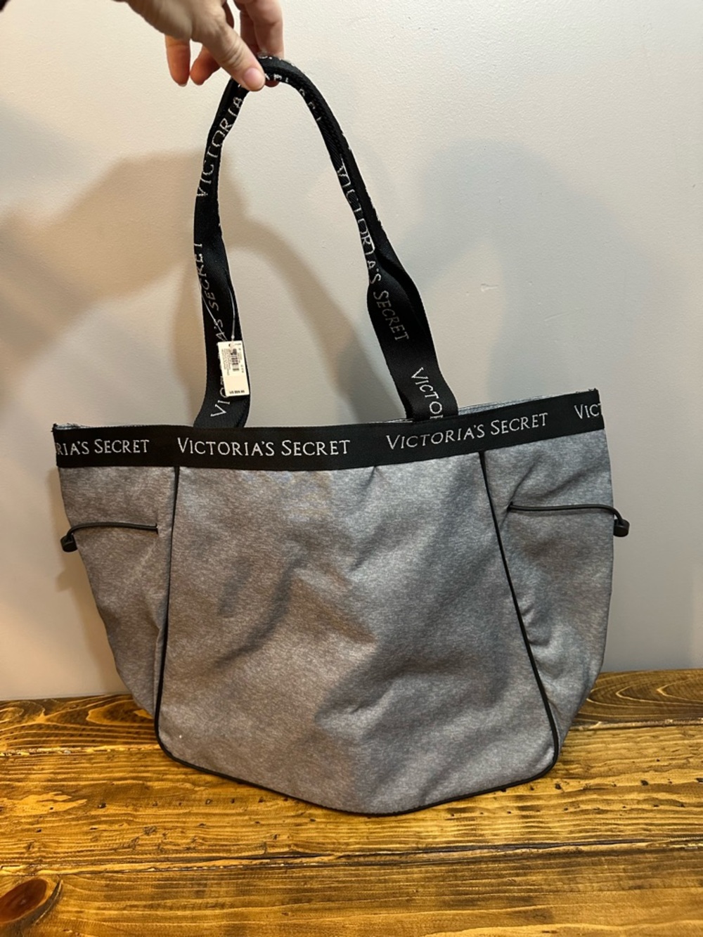 NWT Victoria Secret Tote Bag with Zipper and Adjustable Strings Grey/Black/White - Picture 3 of 8